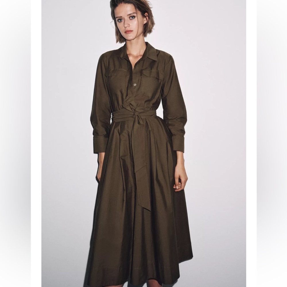 Zara Chocolate Brown Midi Shirt Dress with Tie Waist - Picture 4 of 12